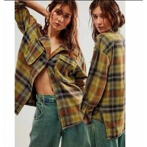 Free People Grunge 90s Flannel Plaid Izzie Cargo Button Up Shirt XS
